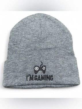 Super Cute Gray Ribbed “I’m Gaming” Fold Over Fall Winter Beanie